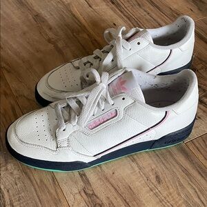 Adidas White Sneakers with dark navy and Green Soles with pink accents